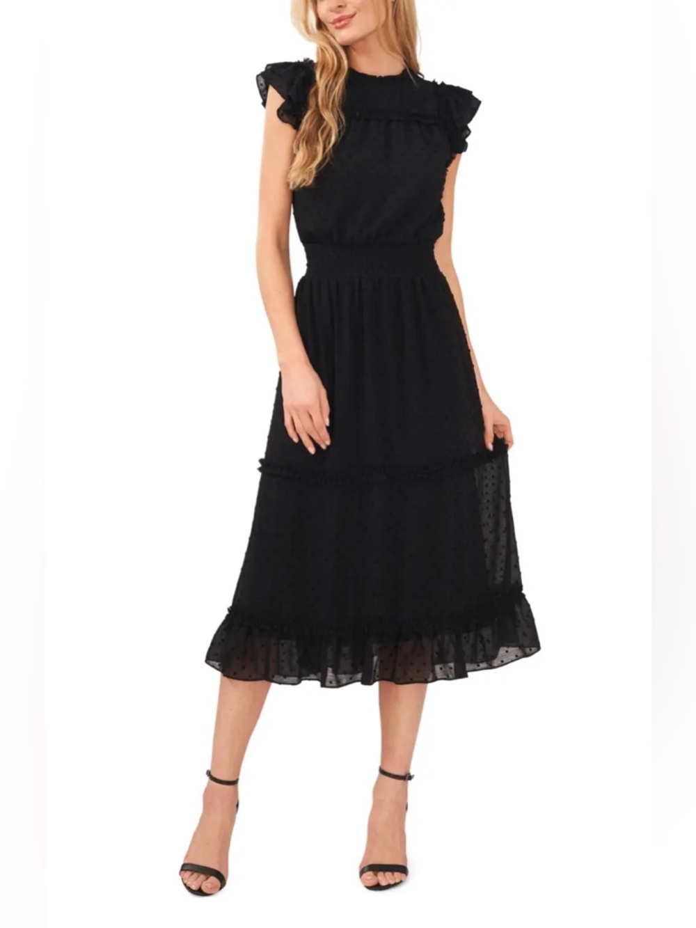 ‼️NEW Cece Black Clip Dot Flutter Sleeve Midi Dress